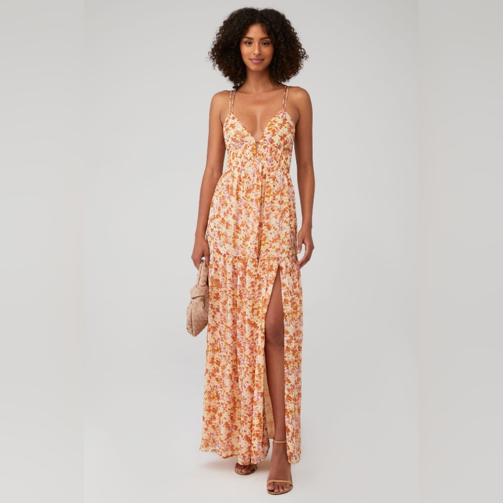 ASTR the Label Ryliana Floral Print Maxi Dress Women's S Multi VNeck Tie Closure